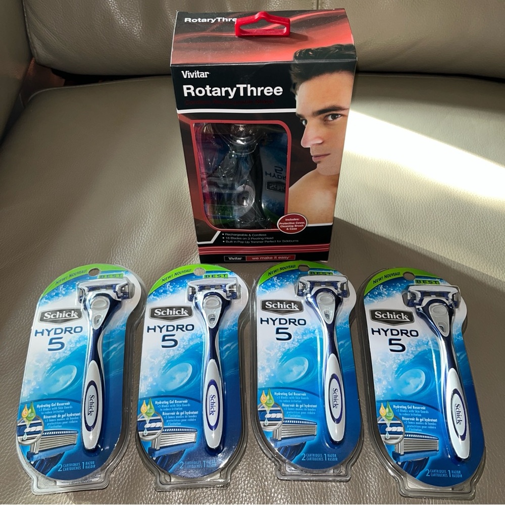 New 5pcsVIVITAR ROTARY THREE CORDLESS RECHARGEABLE SHAVER,4 SCHICK HYDRO5 RAZERS